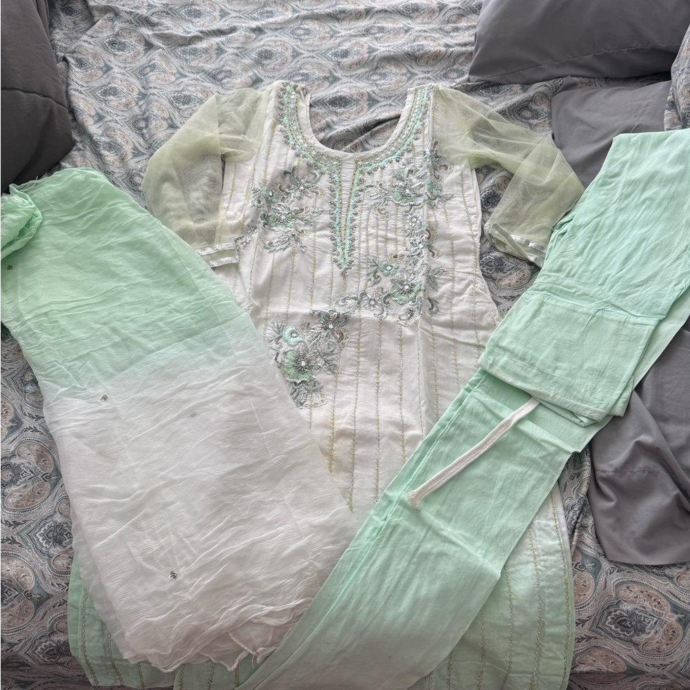Embroidered Green and White Indian Suit